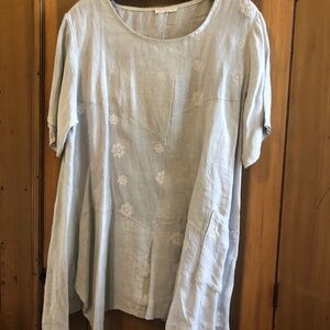 Grey linen embroidered oversized handkerchief tunic top M